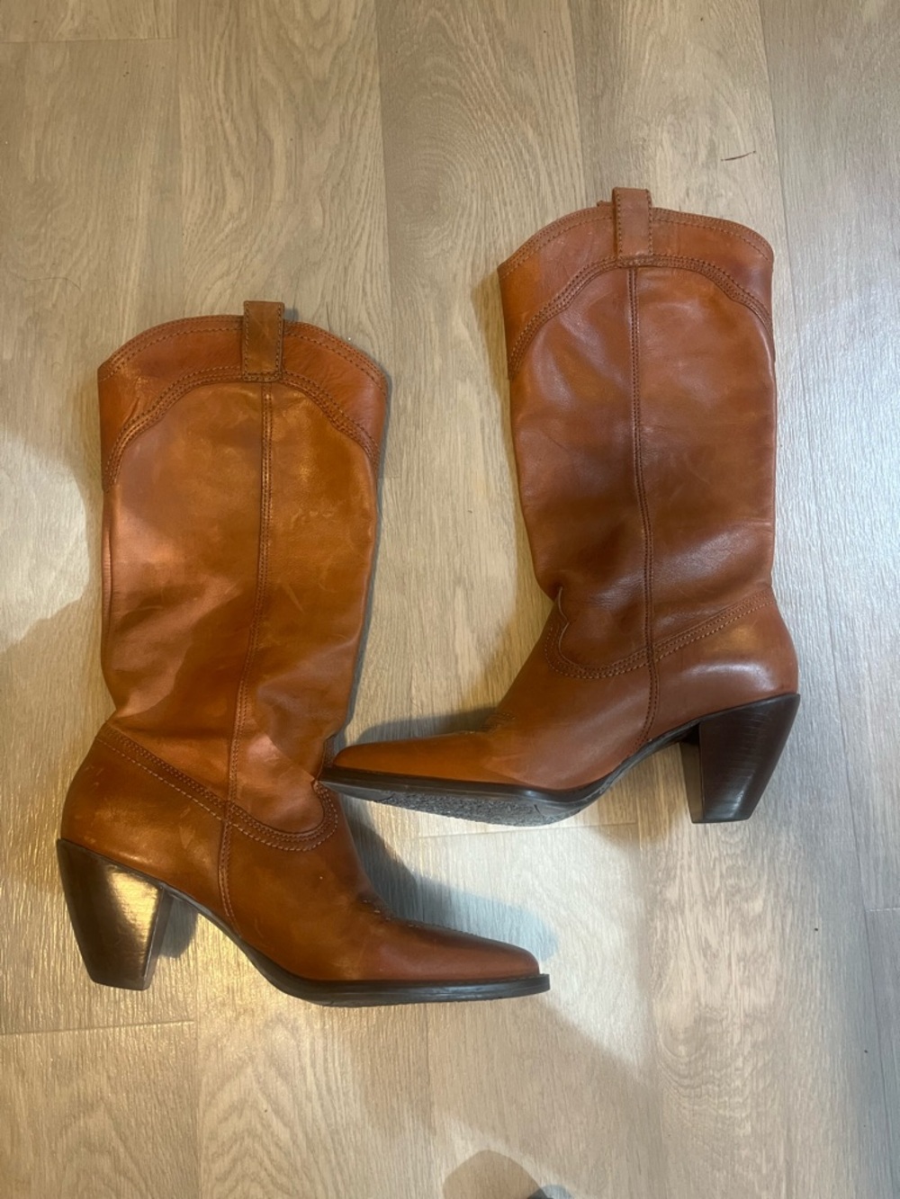 Women's Tan Genuine Leather Made in Brazil  Western Heeled Boots - Picture 6 of 8